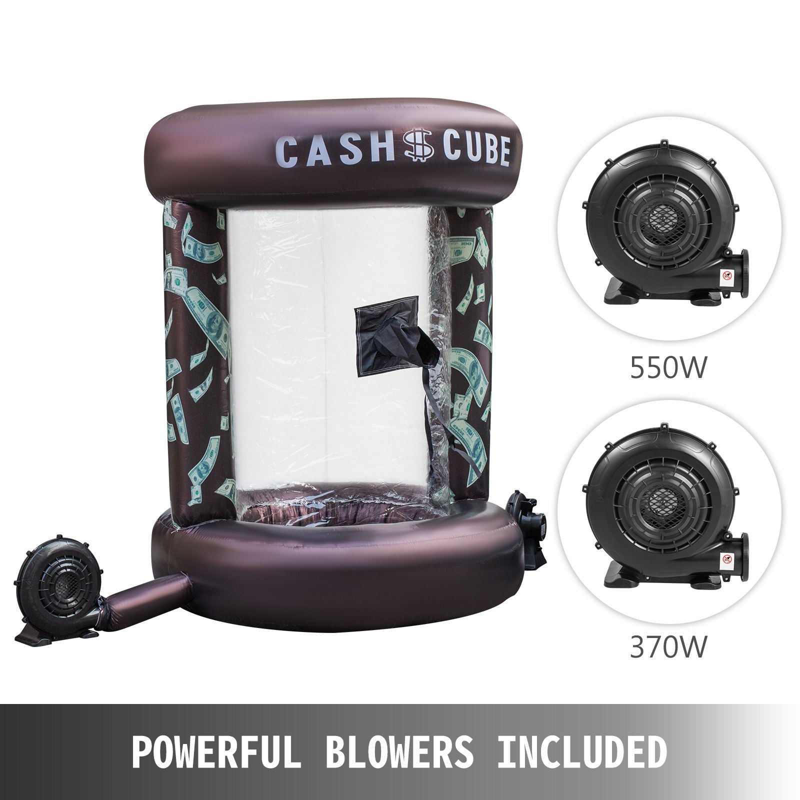 Cubo de dinero inflable VEVOR con potentes sopladores, diseños de billetes y frente transparente.