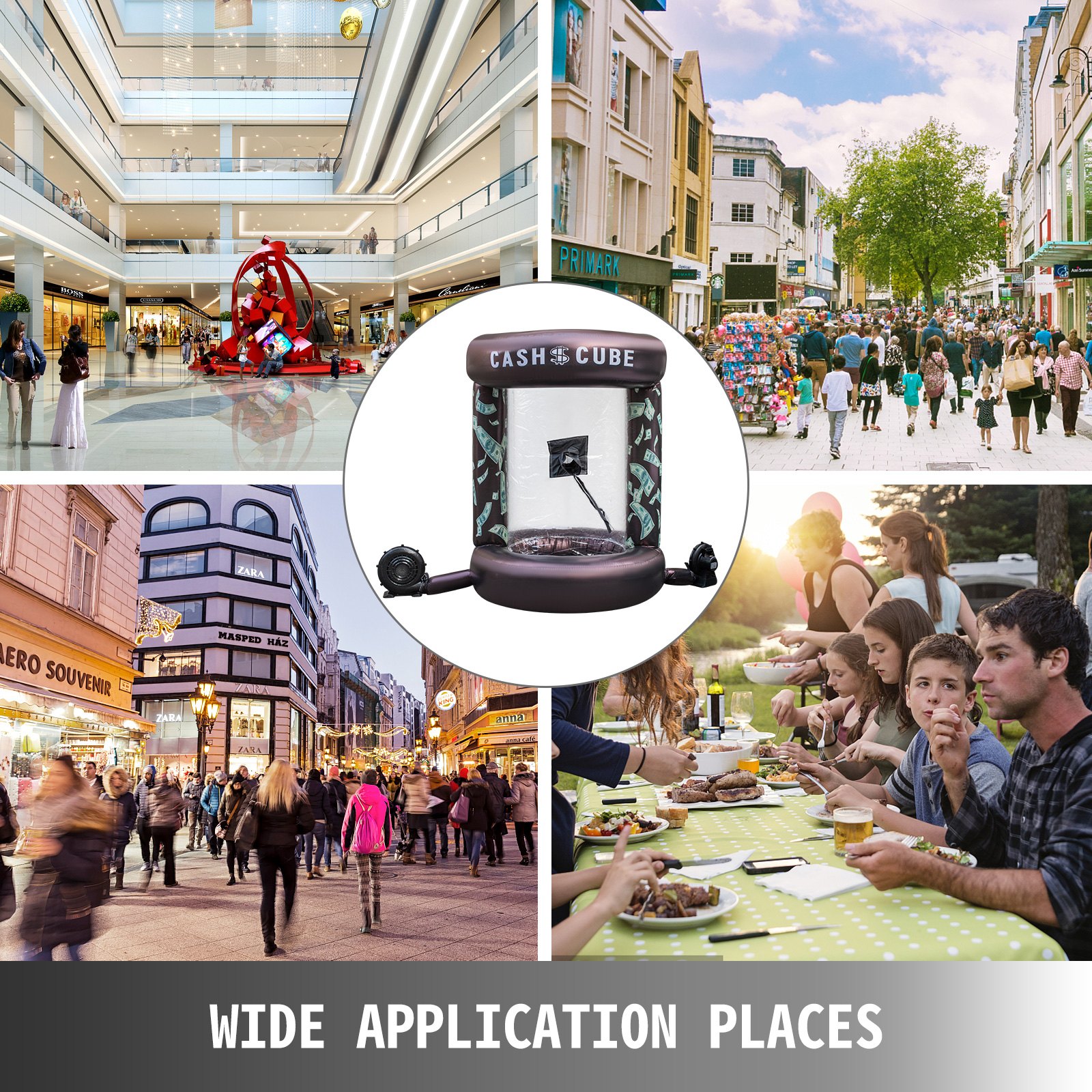 Cubo de efectivo inflable VEVOR para eventos, centros comerciales, calles y reuniones al aire libre.