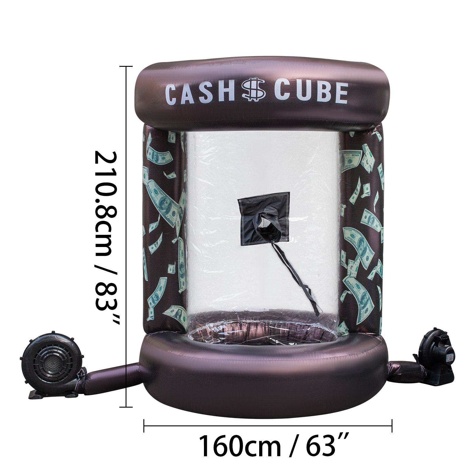 Cubo de dinero inflable VEVOR con dimensiones de 210,8 cm de alto y 160 cm de ancho.
