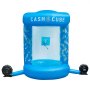 Cubo de dinero inflable azul VEVOR con billetes de dólar y dos ventiladores.