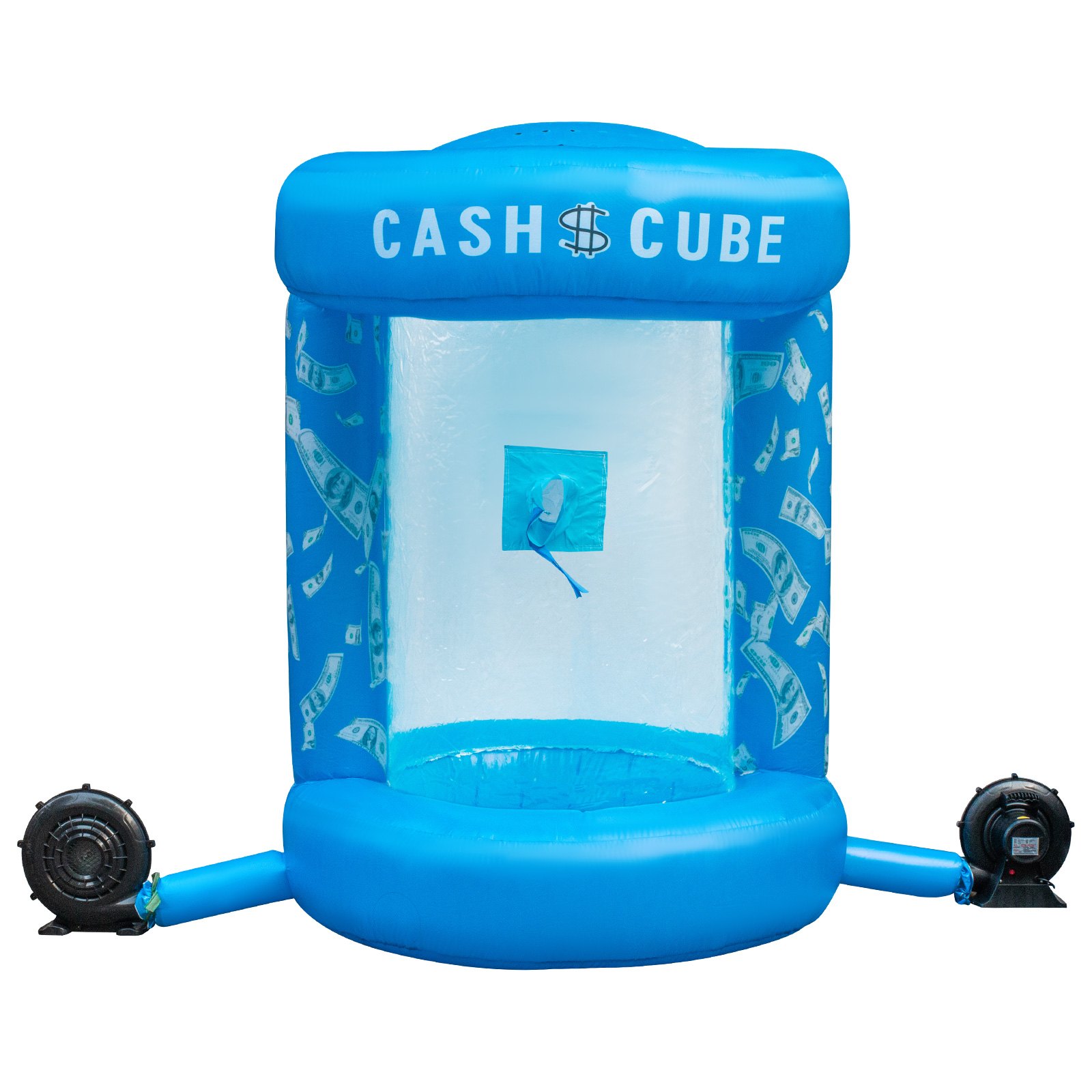 Cubo de dinero inflable azul VEVOR con billetes de dólar y dos ventiladores.