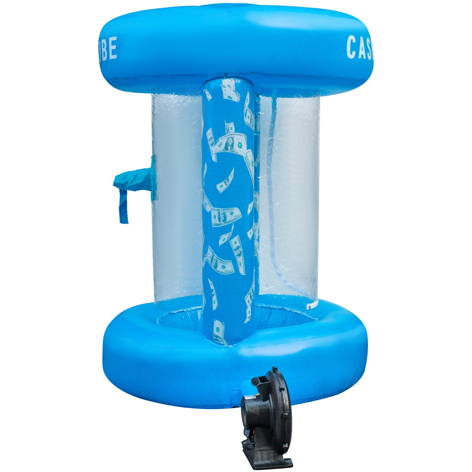 Cubo de dinero inflable VEVOR azul con gráficos de billetes de dólar y accesorio soplador.