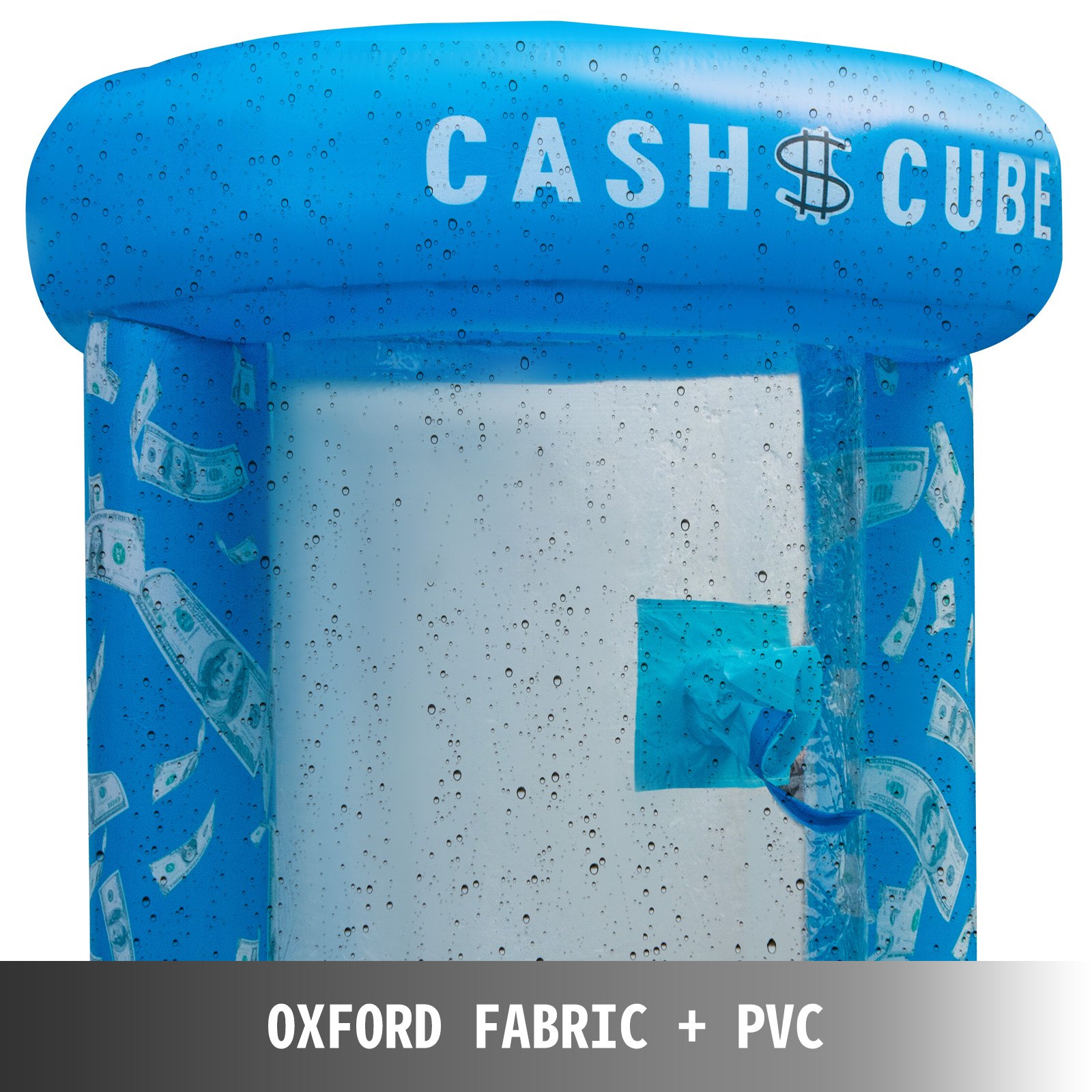 Cubo de dinero inflable VEVOR azul con patrones de dólares, fabricado con tela Oxford y PVC.