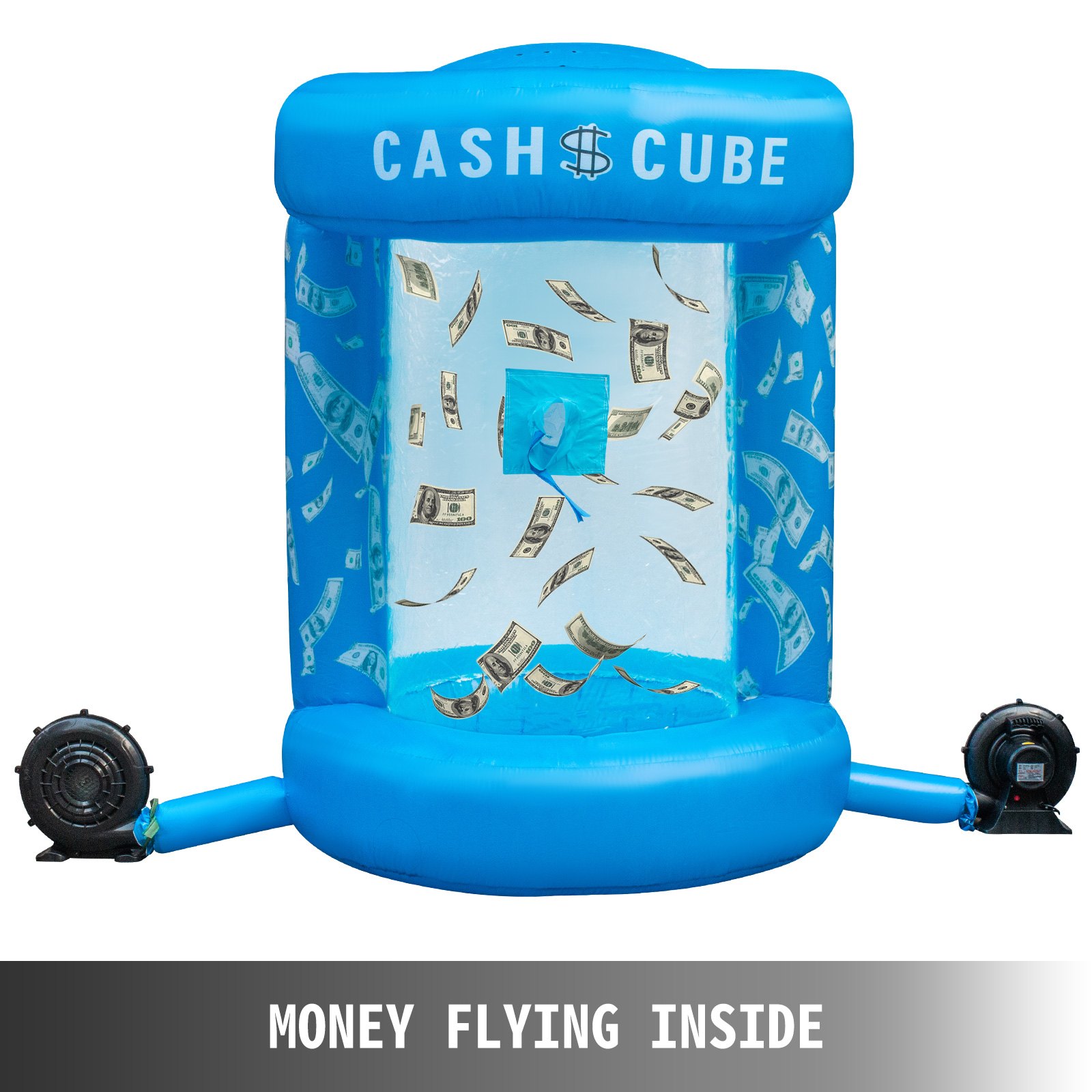 Cubo de efectivo inflable VEVOR azul con dinero volador en el interior.