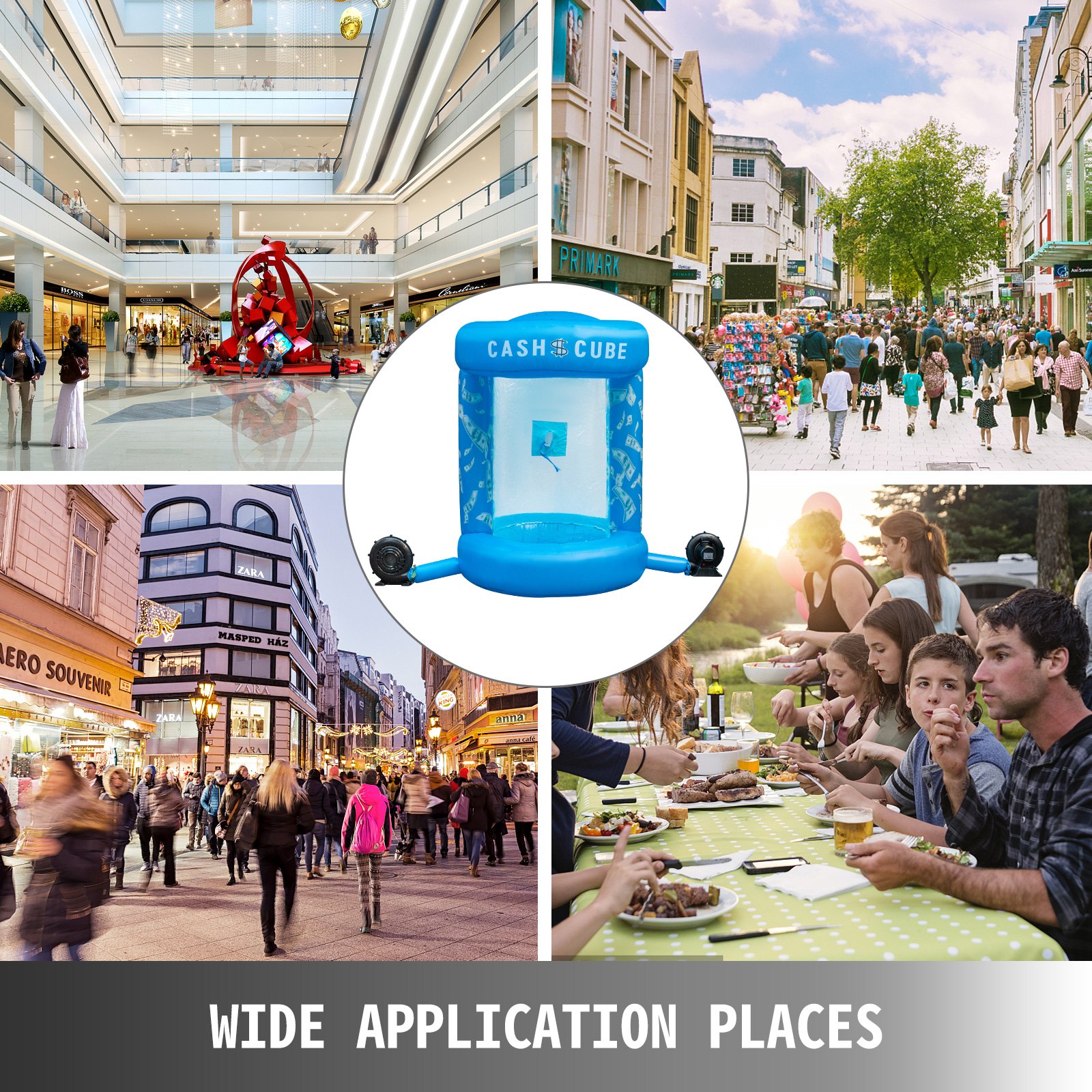 Cubo de efectivo inflable VEVOR en centros comerciales, calles y reuniones al aire libre.