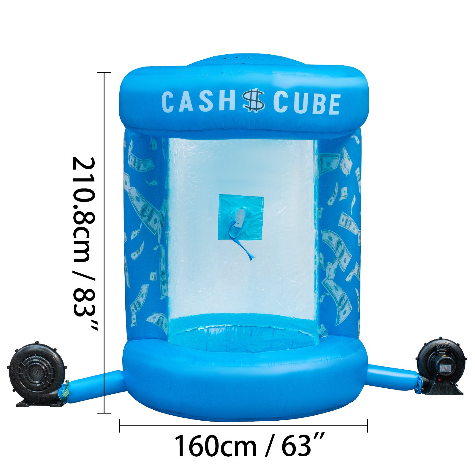 Cubo de dinero inflable VEVOR con diseño azul y dimensiones en cm/pulgadas visibles.
