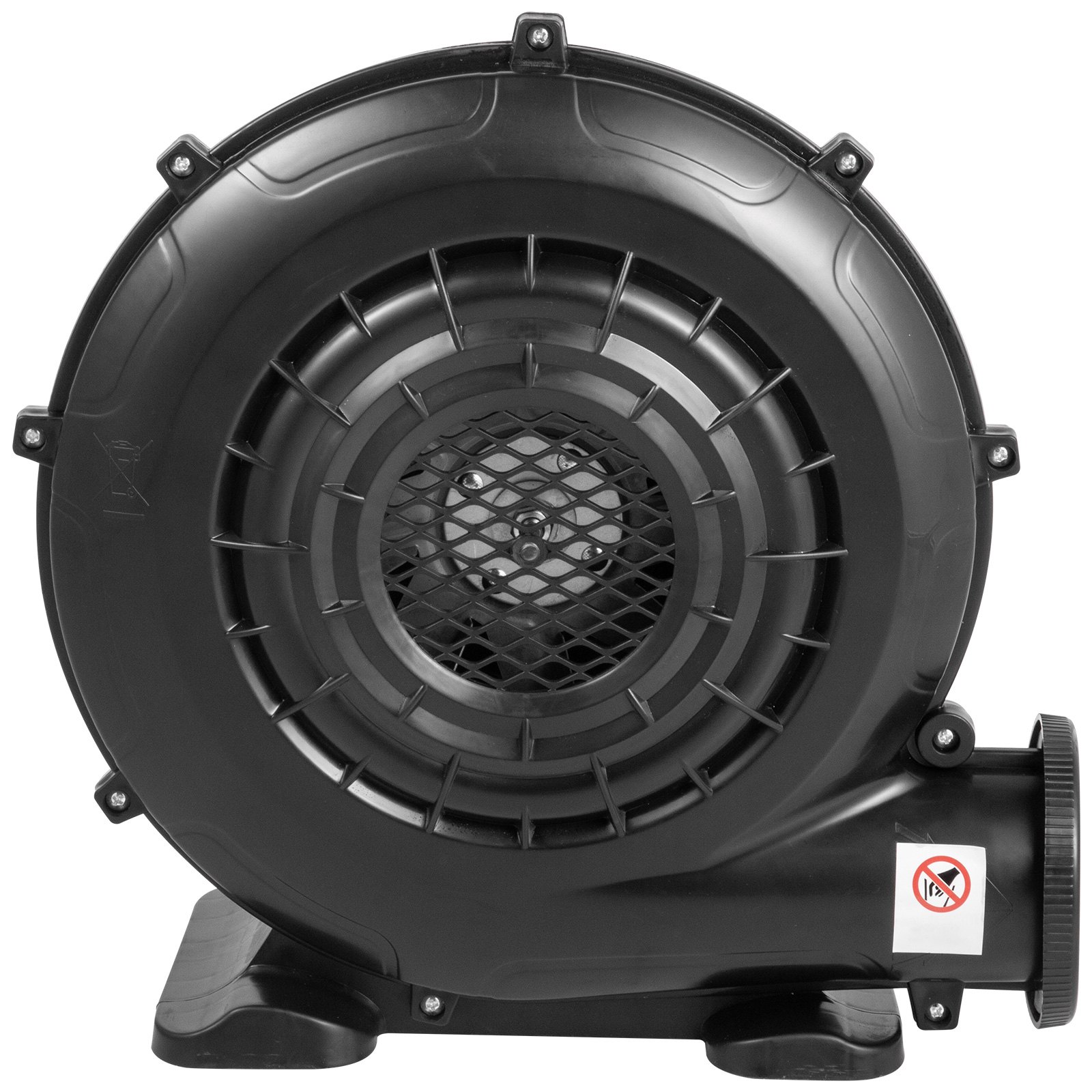 Ventilador negro para cubo de efectivo inflable VEVOR con rejilla de seguridad y etiqueta de advertencia lateral.