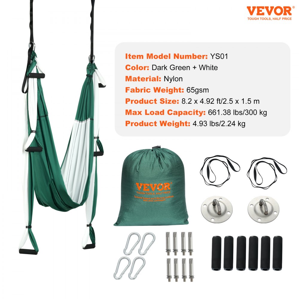 VEVOR - Juego de columpio de yoga aéreo, hamaca colgante de 2,7 yardas, kit de inversión de vuelo con eslinga aérea, equipo de inversión de trapecio con accesorios de montaje en el techo, capacidad de carga máxima de 300 kg, verde/blanco