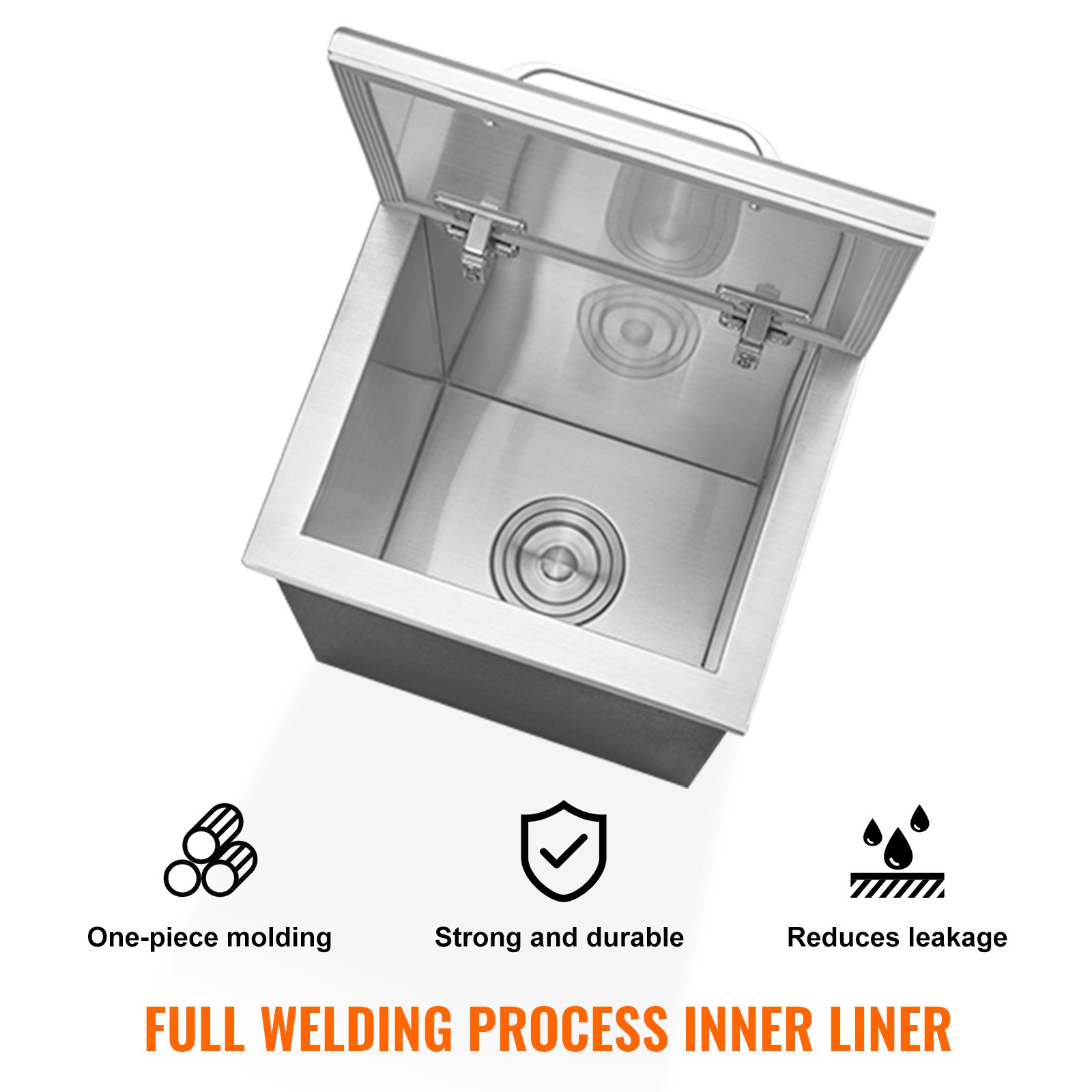 Hielera empotrable VEVOR de acero inoxidable de 35,5 cm de largo x 30,5 cm de ancho x 45,7 cm de alto, con tapa abatible, barra de hielo para cocina exterior de 40 qt, incluye tubo y tapón de drenaje, ideal para vino y cerveza fríos.