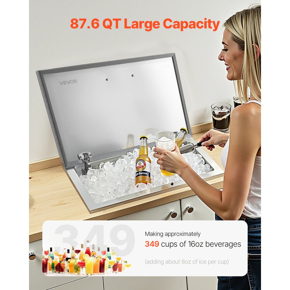 Nevera empotrable VEVOR, 71 cm de largo x 41 cm de ancho x 43 cm de alto, de acero inoxidable, 87,6 cuartos de galón, con tapa abatible, ideal para cocinas exteriores, patios y bares. Incluye juego de tuberías de drenaje para mantener frío el vino y la cerveza.
