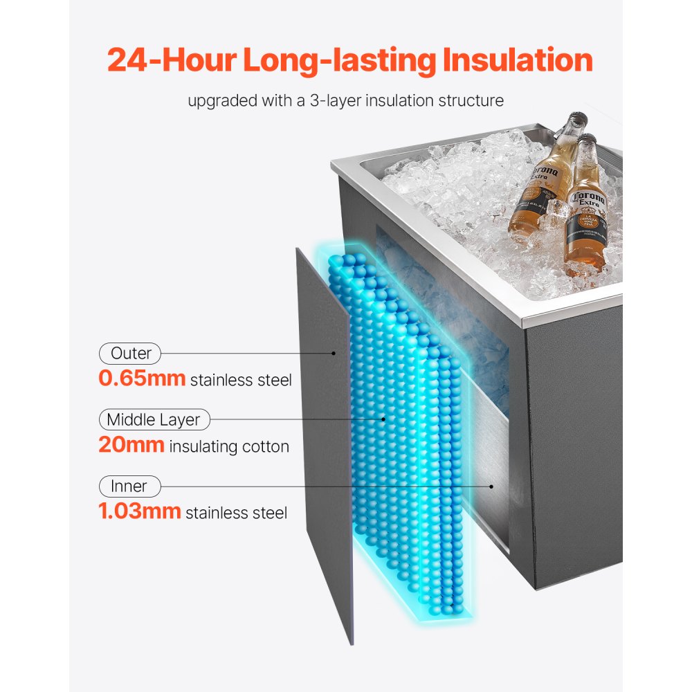 Nevera empotrable VEVOR, 71 cm de largo x 41 cm de ancho x 43 cm de alto, de acero inoxidable, 87,6 cuartos de galón, con tapa abatible, ideal para cocinas exteriores, patios y bares. Incluye juego de tuberías de drenaje para mantener frío el vino y la cerveza.