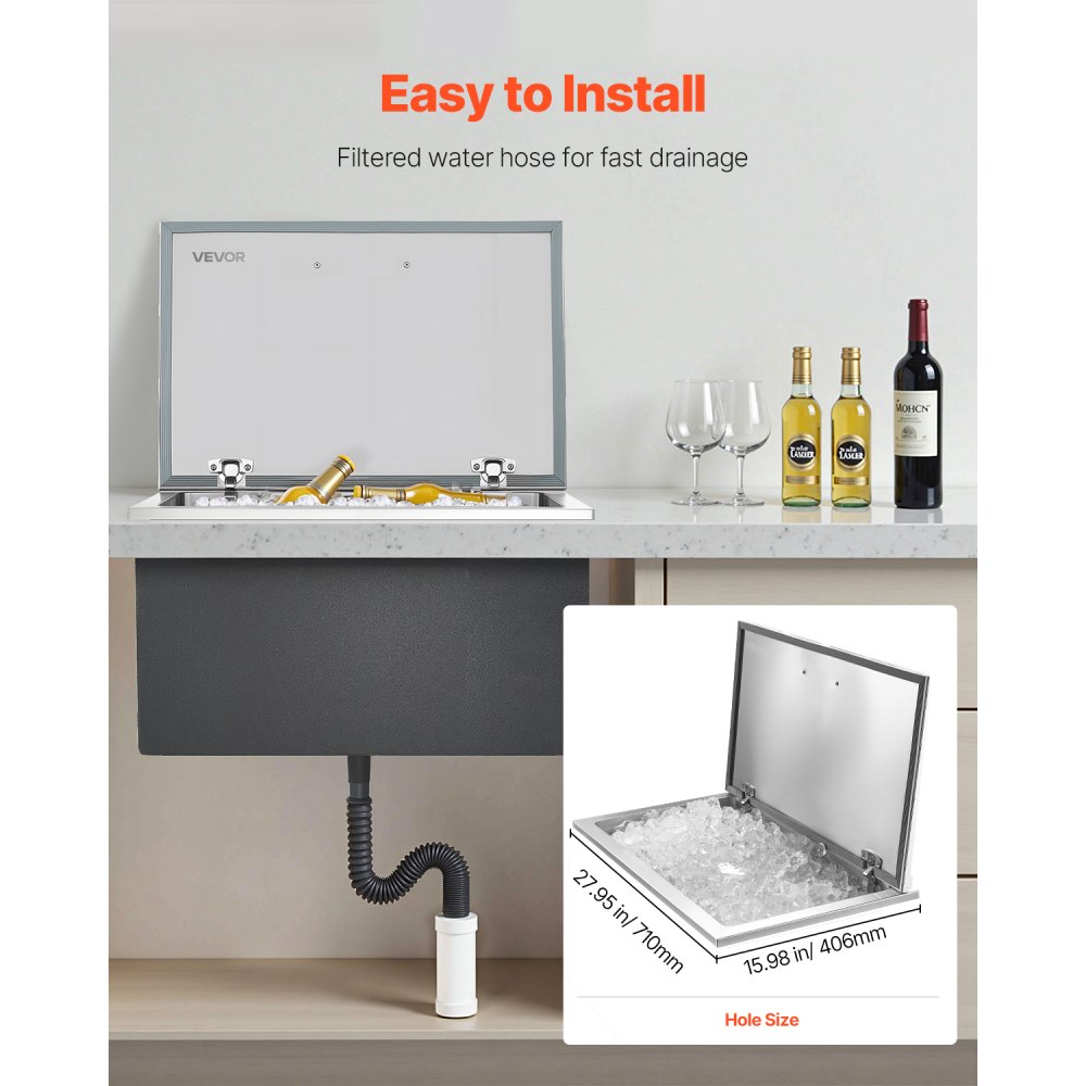 Nevera empotrable VEVOR, 71 cm de largo x 41 cm de ancho x 43 cm de alto, de acero inoxidable, 87,6 cuartos de galón, con tapa abatible, ideal para cocinas exteriores, patios y bares. Incluye juego de tuberías de drenaje para mantener frío el vino y la cerveza.