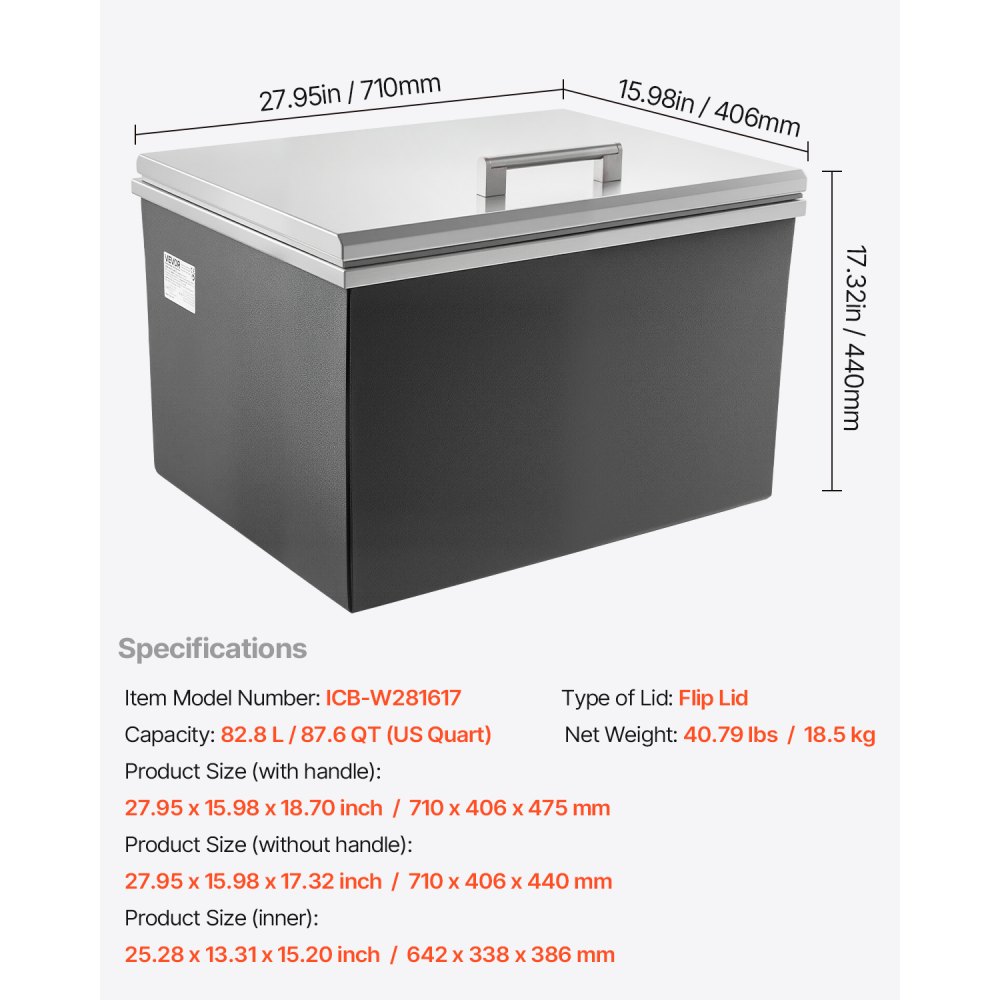 Nevera empotrable VEVOR, 71 cm de largo x 41 cm de ancho x 43 cm de alto, de acero inoxidable, 87,6 cuartos de galón, con tapa abatible, ideal para cocinas exteriores, patios y bares. Incluye juego de tuberías de drenaje para mantener frío el vino y la cerveza.
