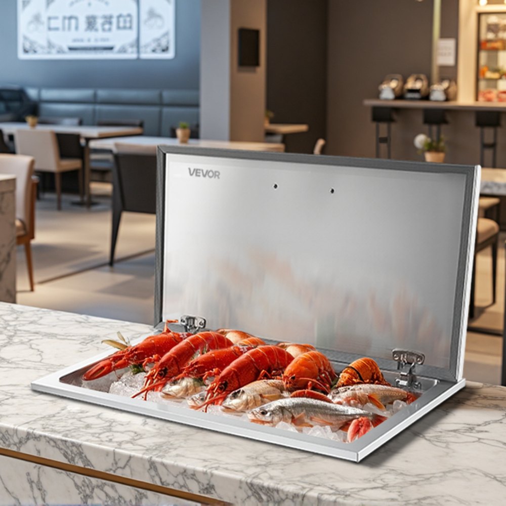 Nevera empotrable VEVOR, 71 cm de largo x 41 cm de ancho x 43 cm de alto, de acero inoxidable, 87,6 cuartos de galón, con tapa abatible, ideal para cocinas exteriores, patios y bares. Incluye juego de tuberías de drenaje para mantener frío el vino y la cerveza.