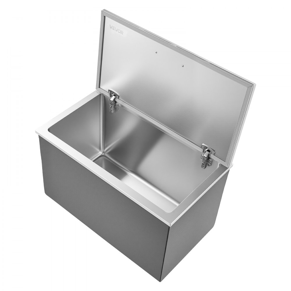 Nevera empotrable VEVOR, 71 cm de largo x 41 cm de ancho x 43 cm de alto, de acero inoxidable, 87,6 cuartos de galón, con tapa abatible, ideal para cocinas exteriores, patios y bares. Incluye juego de tuberías de drenaje para mantener frío el vino y la cerveza.