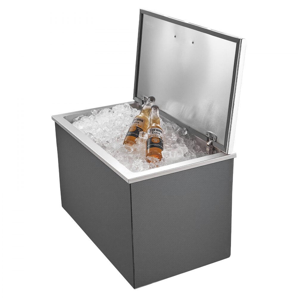 Nevera empotrable VEVOR, 71 cm de largo x 41 cm de ancho x 43 cm de alto, de acero inoxidable, 87,6 cuartos de galón, con tapa abatible, ideal para cocinas exteriores, patios y bares. Incluye juego de tuberías de drenaje para mantener frío el vino y la cerveza.