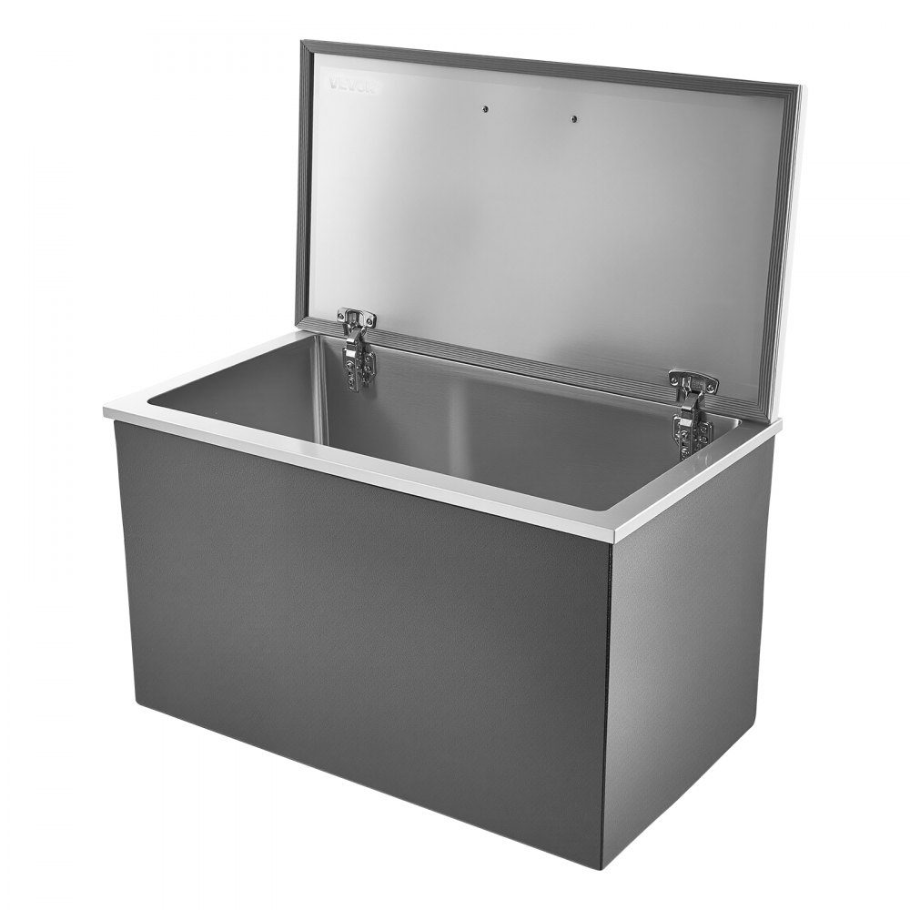 Nevera empotrable VEVOR, 71 cm de largo x 41 cm de ancho x 43 cm de alto, de acero inoxidable, 87,6 cuartos de galón, con tapa abatible, ideal para cocinas exteriores, patios y bares. Incluye juego de tuberías de drenaje para mantener frío el vino y la cerveza.