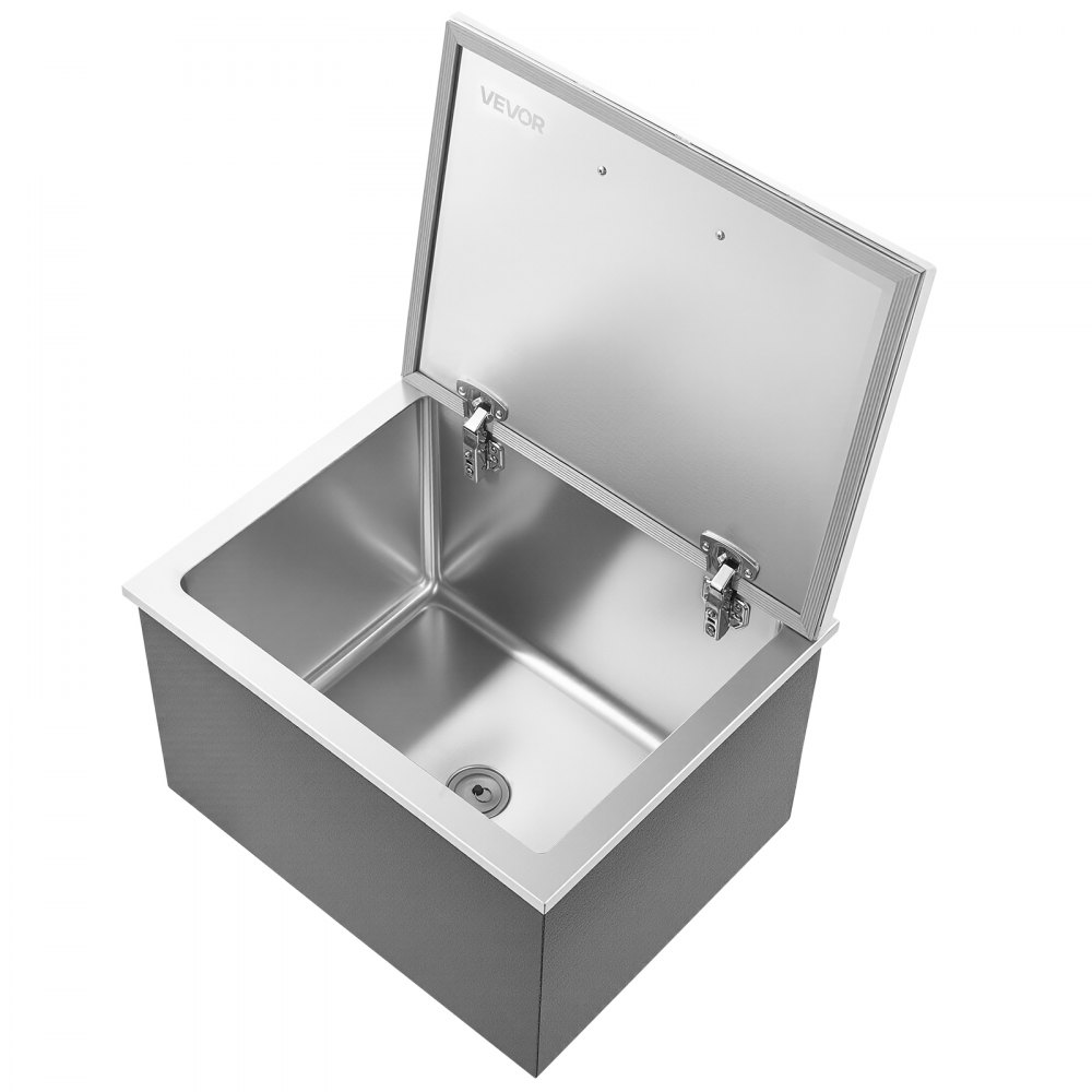 Hielera empotrable VEVOR de acero inoxidable de 50 cm de largo x 40 cm de ancho x 33 cm de alto. Capacidad de 44.7 cuartos de galón con tapa abatible para cocina, patio y bar. Incluye tubo de drenaje para vino y cerveza fríos.