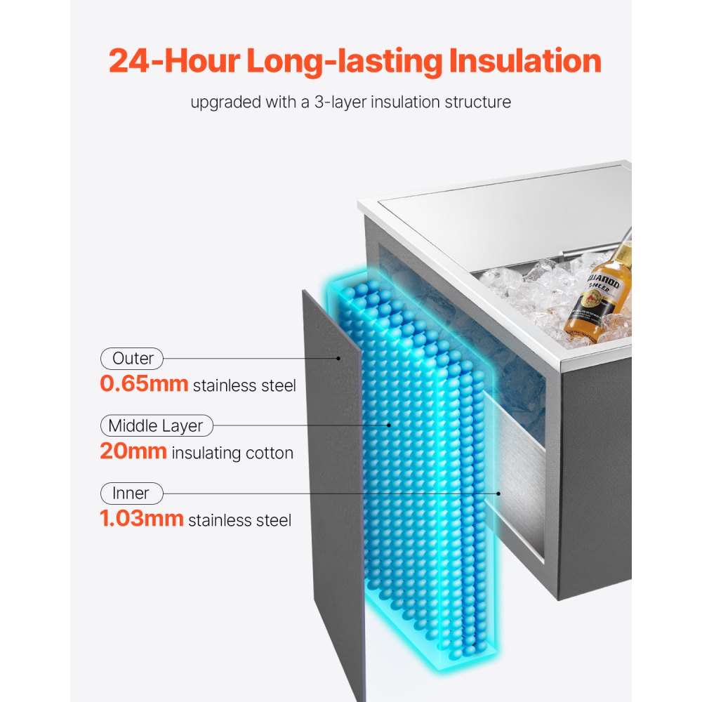 Hielera empotrable VEVOR, 61 cm de largo x 46 cm de ancho x 33 cm de alto, de acero inoxidable, con capacidad de 57.8 cuartos (54.5 litros) y tapa deslizante. Ideal para cocinas exteriores, patios y bares. Incluye juego de tubo de drenaje. Perfecta para enfriar vino y cerveza.