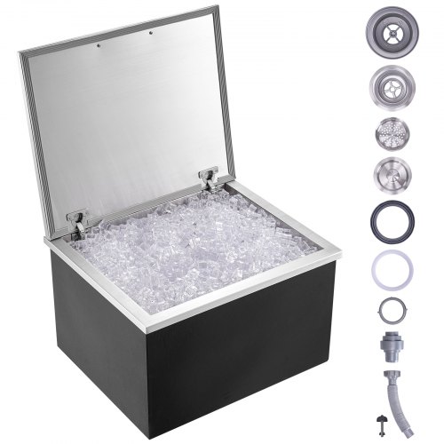 VEVOR - Hielera empotrable de acero inoxidable de 71 cm de largo x 40 cm de ancho x 43 cm de alto, contenedor de hielo comercial con tapa abatible, barra de hielo para cocina al aire libre de 40 qt, tubo de drenaje y tapón de drenaje incluidos, para vino y cerveza fríos