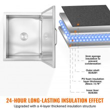 VEVOR - Hielera empotrable de acero inoxidable de 71 cm de largo x 40 cm de ancho x 43 cm de alto, contenedor de hielo comercial con tapa abatible, barra de hielo para cocina al aire libre de 40 qt, tubo de drenaje y tapón de drenaje incluidos, para vino y cerveza fríos