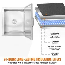 VEVOR - Hielera empotrable de acero inoxidable de 71 cm de largo x 40 cm de ancho x 43 cm de alto, contenedor de hielo comercial con tapa abatible, barra de hielo para cocina al aire libre de 40 qt, tubo de drenaje y tapón de drenaje incluidos, para vino y cerveza fríos