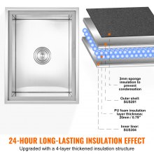 VEVOR - Hielera empotrable de acero inoxidable de 22" de largo x 17" de ancho x 12" de alto, contenedor de hielo comercial con tapa, barra de hielo para cocina al aire libre de 40 qt, tubo de drenaje y tapón de drenaje incluidos, para vino frío y cerveza