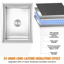 VEVOR - Hielera empotrable de acero inoxidable de 22" de largo x 17" de ancho x 12" de alto, contenedor de hielo comercial con tapa, barra de hielo para cocina al aire libre de 40 qt, tubo de drenaje y tapón de drenaje incluidos, para vino frío y cerveza