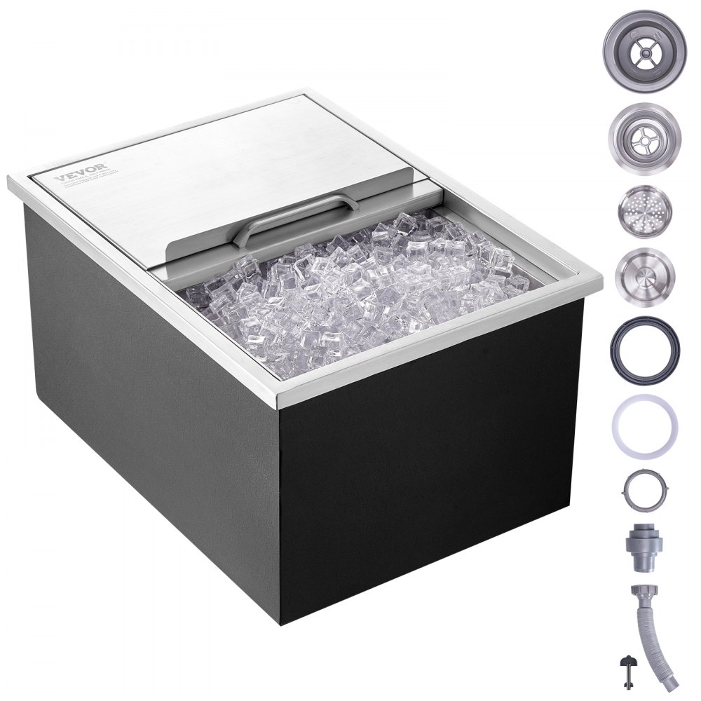 Hielera empotrable VEVOR de acero inoxidable de 61 cm de largo x 45 cm de ancho x 33 cm de alto, depósito de hielo comercial con tapa deslizante, barra de hielo para cocina al aire libre de 40,9 qt, tubo y tapón de drenaje incluidos, para vino frío y cerveza.