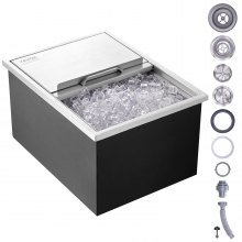 VEVOR Cofre de hielo, 24 pulgadas de largo x 18 pulgadas de ancho x 13 pulgadas de alto, enfriador de hielo de acero inoxidable, contenedor de hielo comercial con cubierta deslizante, barra de hielo de cocina al aire libre de 40,9 qt, tubo de drenaje y tapón de drenaje incluidos, para cerveza de vino fría