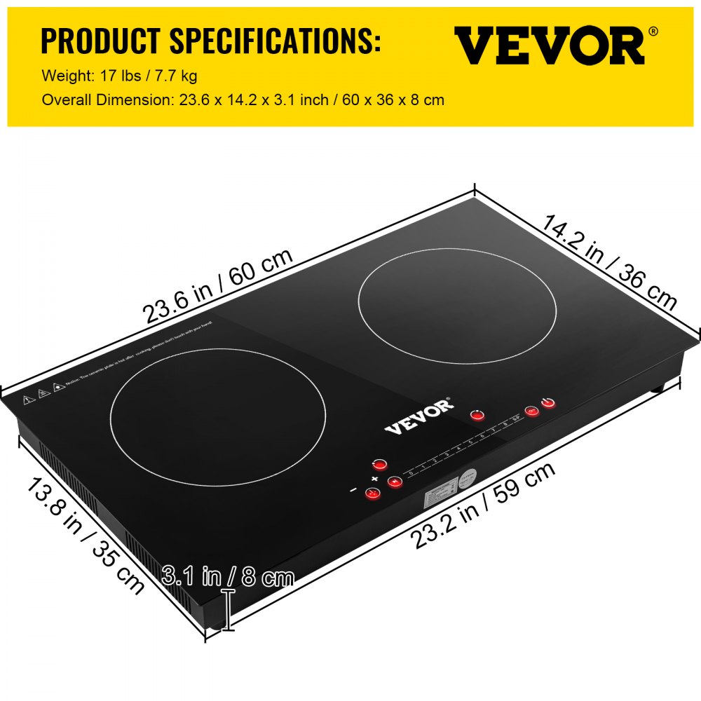 VEVOR Cocina de Inducción Eléctrica 2600W Placa de Inducción con 2 Quemadores
