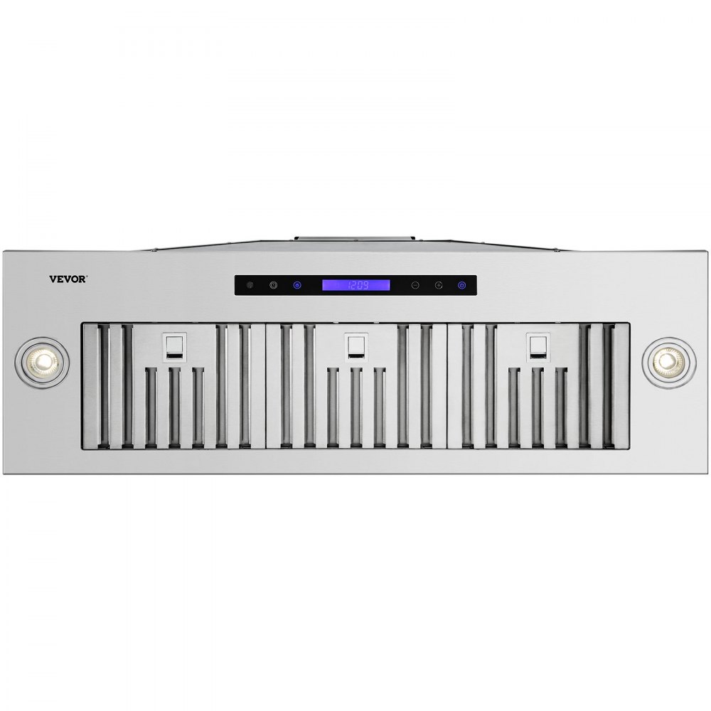 Campana extractora insertable VEVOR de acero inoxidable con pantalla LED, luces duales y elegantes filtros de ventilación.