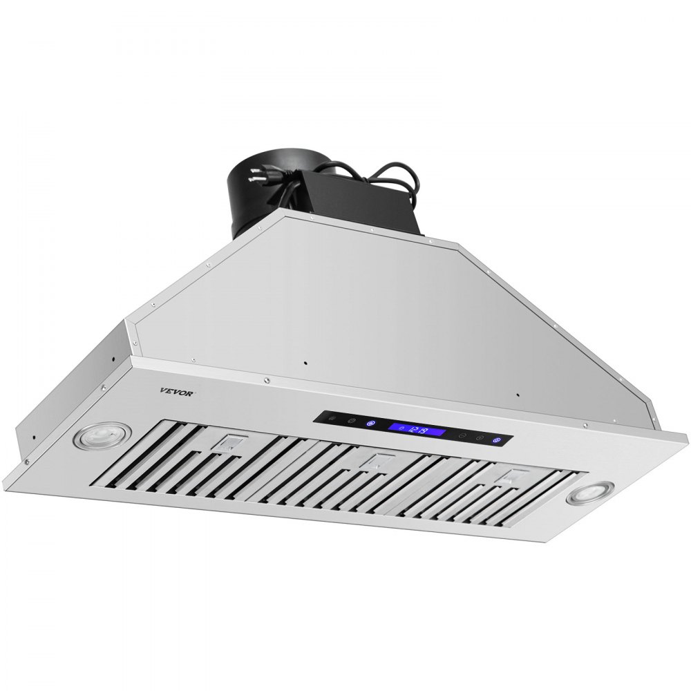 Campana extractora empotrada VEVOR, 900 CFM, 4 velocidades, 36 pulgadas, acero inoxidable, con ventilación integrada, control táctil y remoto, luces LED, filtros deflectores, convertible con/sin conductos, homologada por ETL