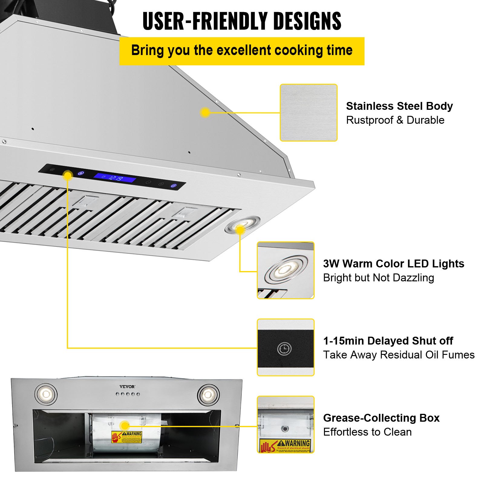Campana extractora insertable VEVOR con luces LED, cuerpo de acero inoxidable, apagado retardado y caja recolectora de grasa.