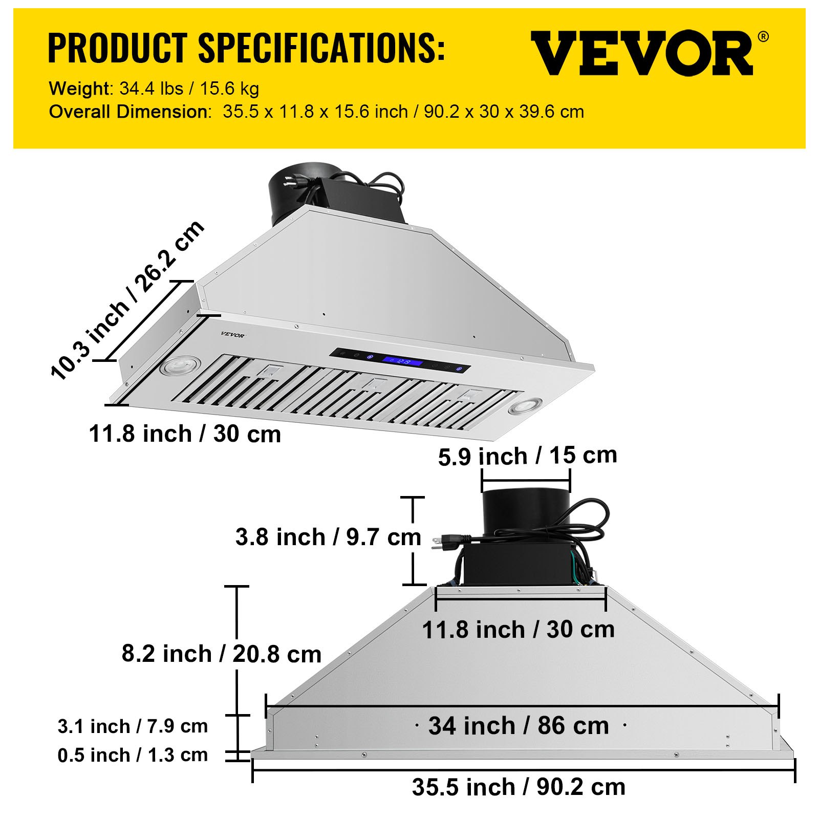 Campana extractora insertable VEVOR con dimensiones y especificaciones resaltadas sobre un fondo blanco.