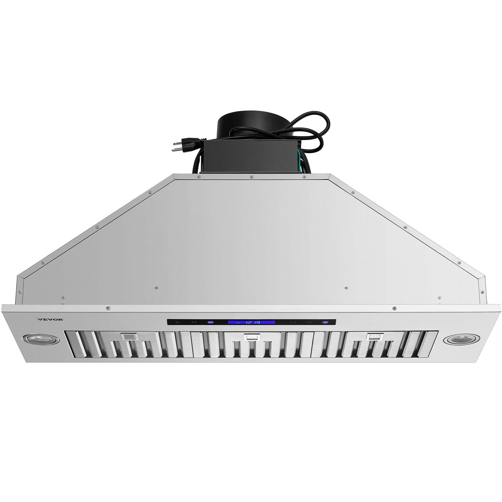 Campana extractora insertable VEVOR de acero inoxidable con panel de control LED y filtros deflectores.