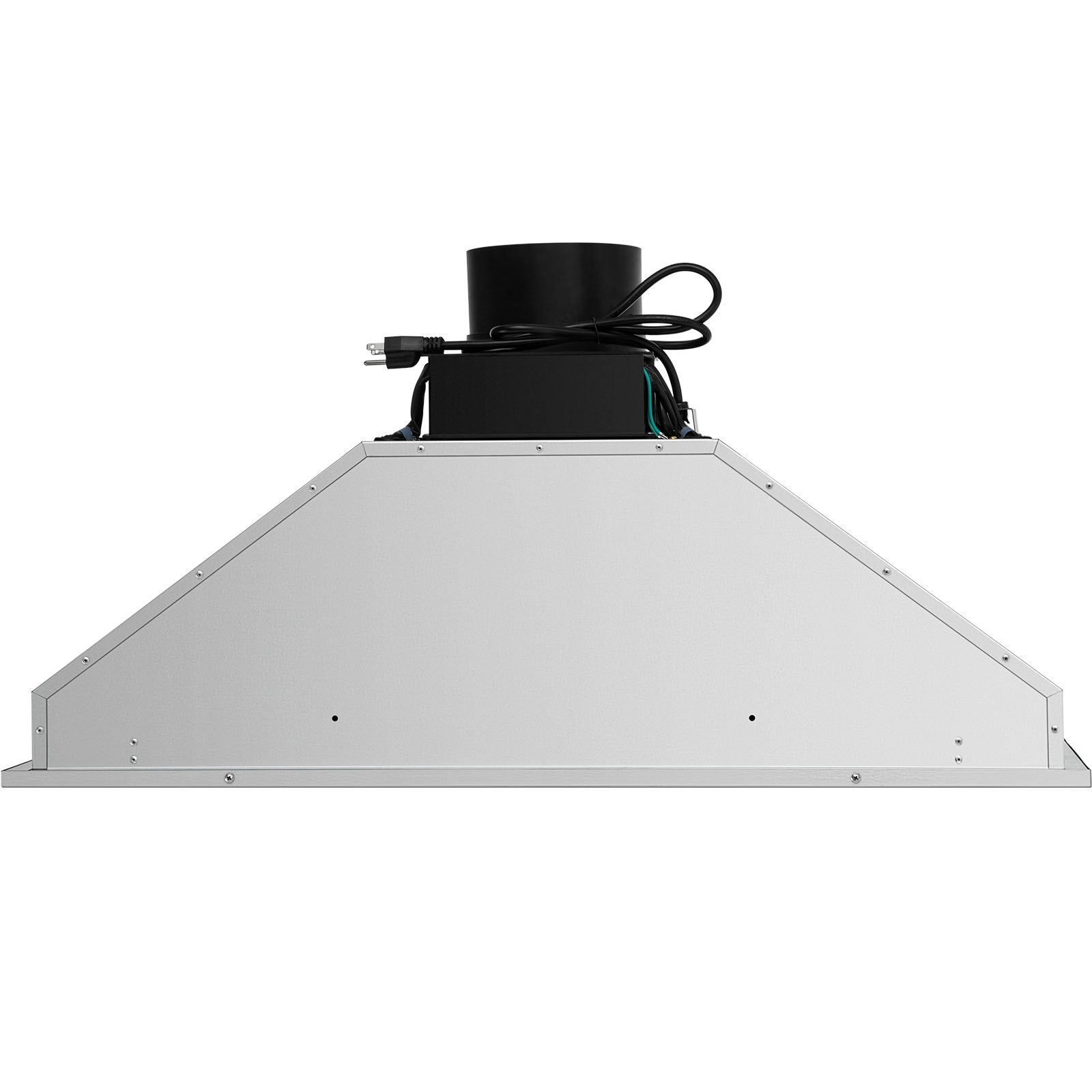 Campana extractora insertable VEVOR con cuerpo de acero inoxidable y conducto de escape montado en la parte superior para una ventilación eficiente.