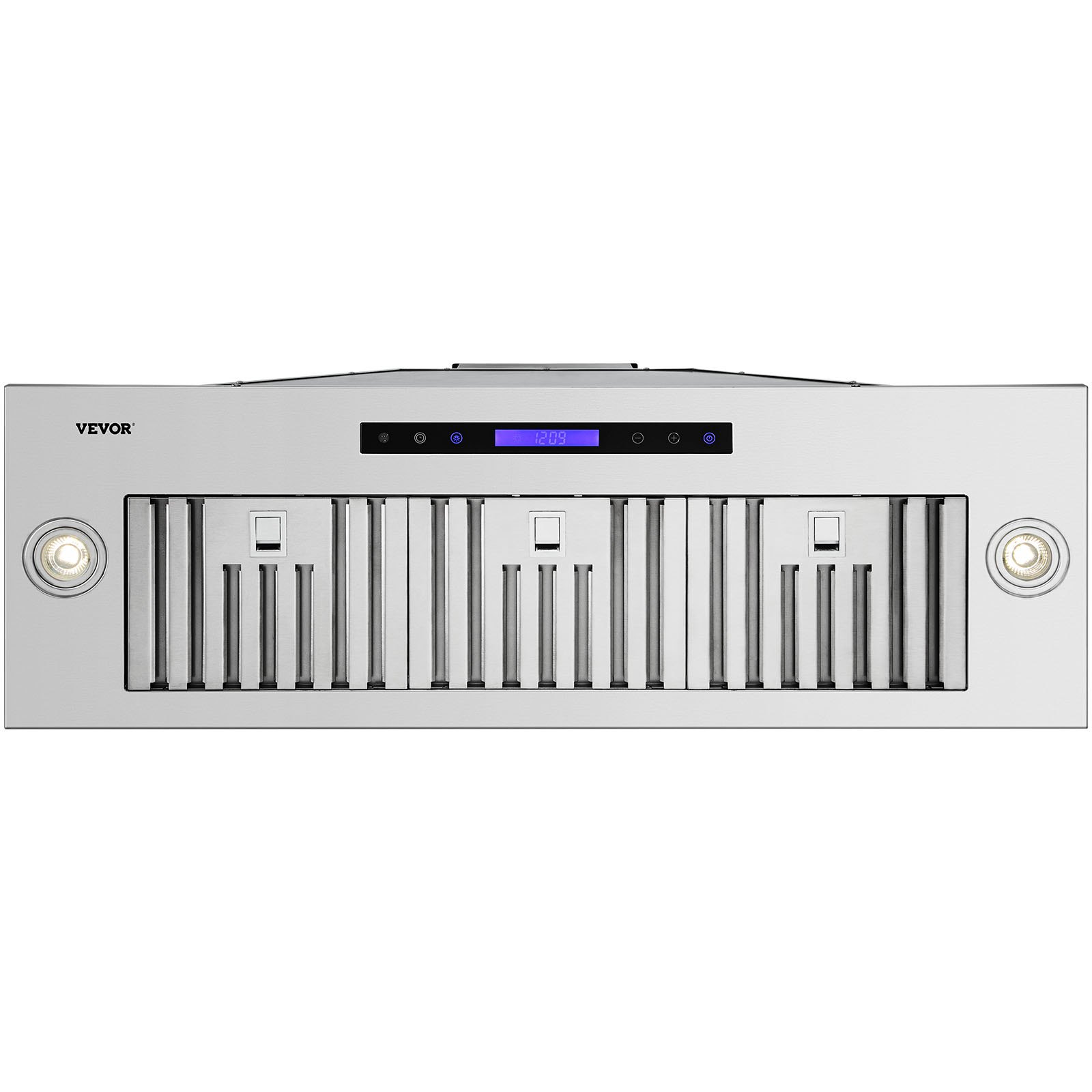 Campana extractora insertable VEVOR de acero inoxidable con pantalla LED, luces duales y elegantes filtros de ventilación.