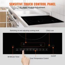 VEVOR Estufa eléctrica, 2 quemadores, estufa de inducción de 12 pulgadas, estufa magnética incorporada de 1800 W, quemador multifuncional de 9 niveles de calefacción, pantalla táctil LED con bloqueo infantil y protección contra sobrecalentamiento