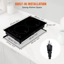 VEVOR Estufa eléctrica, 2 quemadores, estufa de inducción de 12 pulgadas, estufa magnética incorporada de 1800 W, quemador multifuncional de 9 niveles de calefacción, pantalla táctil LED con bloqueo infantil y protección contra sobrecalentamiento