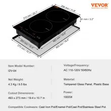 VEVOR Estufa eléctrica, 2 quemadores, estufa de inducción de 12 pulgadas, estufa magnética incorporada de 1800 W, quemador multifuncional de 9 niveles de calefacción, pantalla táctil LED con bloqueo infantil y protección contra sobrecalentamiento