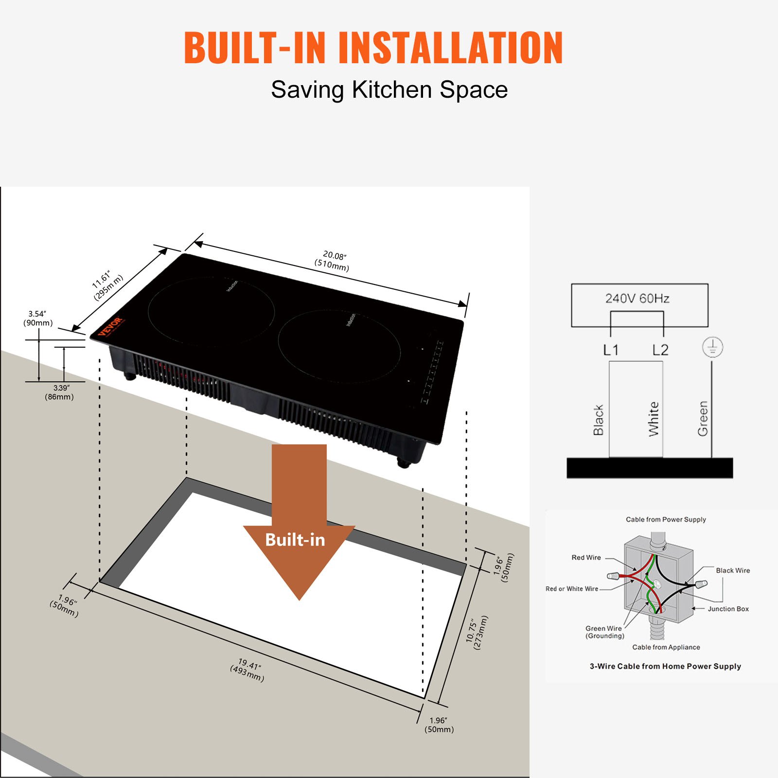 VEVOR Estufa eléctrica, 2 quemadores, estufa de inducción de 12 pulgadas, estufa magnética incorporada de 1800 W, quemador multifuncional de 9 niveles de calefacción, pantalla táctil LED con bloqueo infantil y protección contra sobrecalentamiento