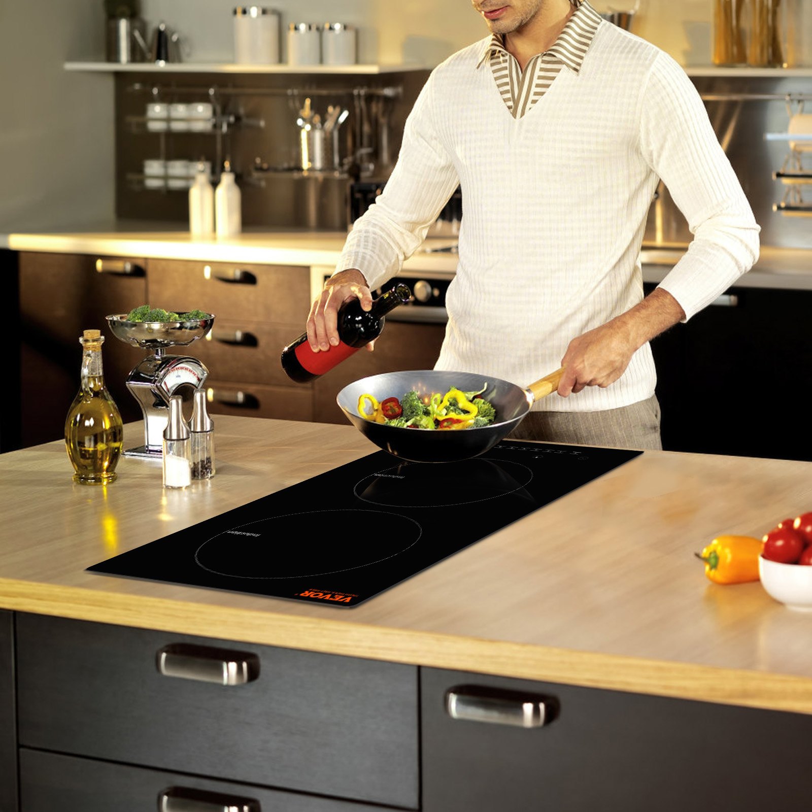 VEVOR Estufa eléctrica, 2 quemadores, estufa de inducción de 12 pulgadas, estufa magnética incorporada de 1800 W, quemador multifuncional de 9 niveles de calefacción, pantalla táctil LED con bloqueo infantil y protección contra sobrecalentamiento