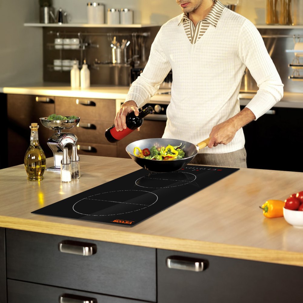 VEVOR Estufa eléctrica, 2 quemadores, estufa de inducción de 12 pulgadas, estufa magnética incorporada de 3000 W, quemador multifuncional de 9 niveles de calefacción, pantalla táctil LED con bloqueo para niños y protección contra sobrecalentamiento