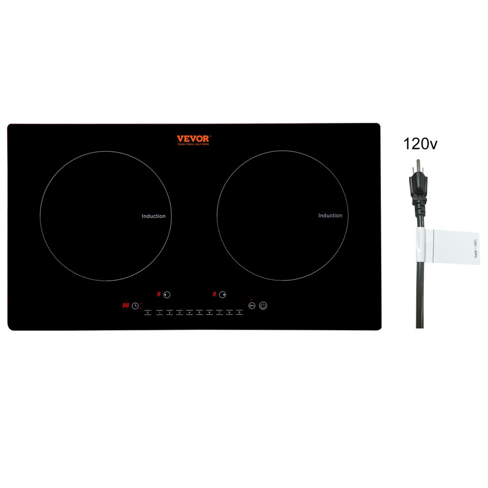 Cocina eléctrica VEVOR con dos quemadores de inducción y cable de alimentación de 120 V.