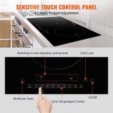 VEVOR Estufa eléctrica, 2 quemadores, estufa de inducción de 24 pulgadas, estufa magnética incorporada de 1800 W, quemador multifuncional de 9 niveles de calefacción, pantalla táctil LED con bloqueo para niños y protección contra sobrecalentamiento