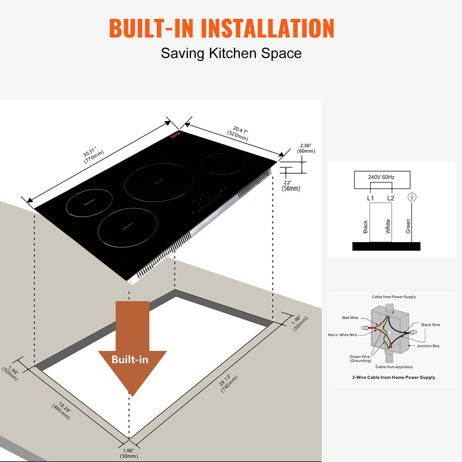 VEVOR Estufa eléctrica, 4 quemadores, estufa de inducción de 30 pulgadas, estufa magnética incorporada 7500 W, quemador multifuncional de 9 niveles de calefacción, pantalla táctil LED con bloqueo infantil y protección contra sobrecalentamiento