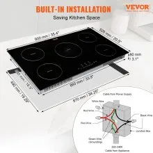 VEVOR Estufa eléctrica, 5 quemadores, estufa de inducción de 36 pulgadas, estufa magnética incorporada 9200 W, quemador multifuncional de 9 niveles de calefacción, pantalla táctil LED con bloqueo infantil y protección contra sobrecalentamiento