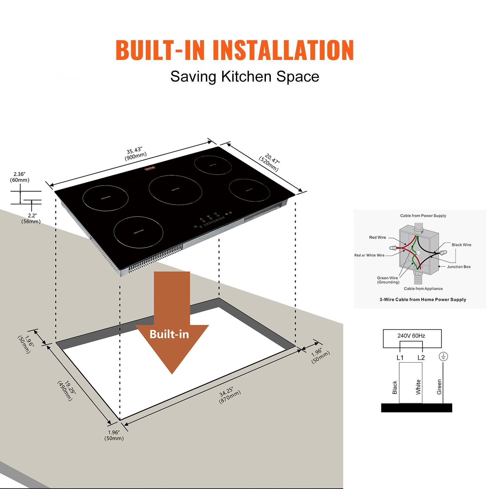 VEVOR Estufa eléctrica, 5 quemadores, estufa de inducción de 36 pulgadas, estufa magnética incorporada 9200 W, quemador multifuncional de 9 niveles de calefacción, pantalla táctil LED con bloqueo infantil y protección contra sobrecalentamiento