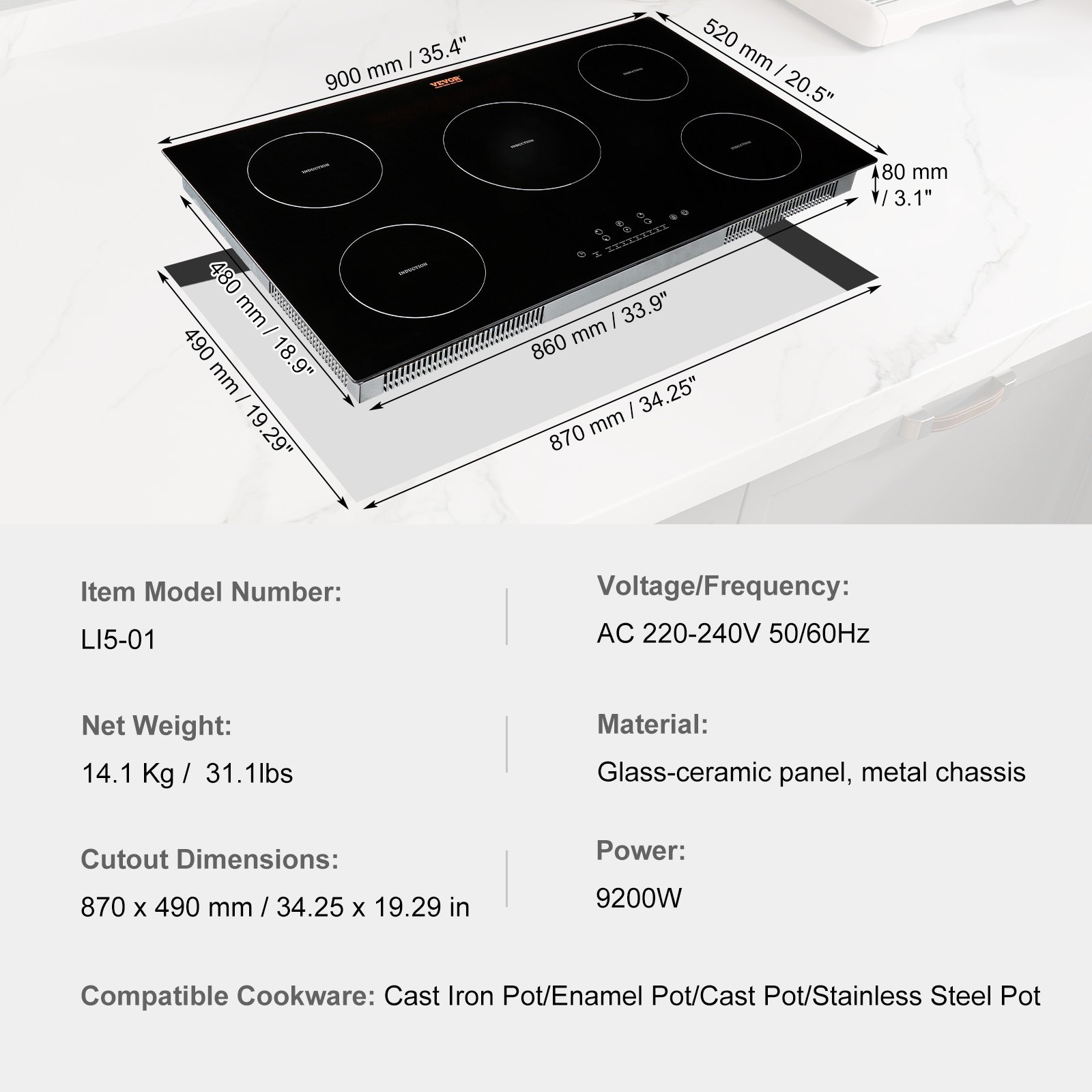 VEVOR Estufa eléctrica, 5 quemadores, estufa de inducción de 36 pulgadas, estufa magnética incorporada 9200 W, quemador multifuncional de 9 niveles de calefacción, pantalla táctil LED con bloqueo infantil y protección contra sobrecalentamiento
